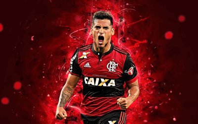 Miguel Trauco, goal, peruvian footballers, Flamengo FC, joy, soccer, Trauco, Brazilian Serie A, abstract art, neon lights, Brazil