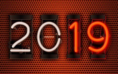 2019 year, 4k, metal grid, creative, orange background, 2019 concepts, neon digits, Happy New Year 2019