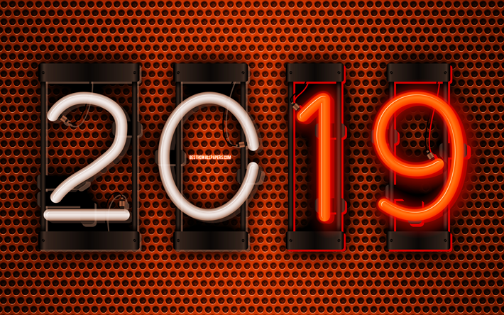 سنة 2019, 4k, الشبكة المعدنية, الإبداعية, الخلفية البرتقالية, 2019 المفاهيم, النيون أرقام, سنة جديدة سعيدة عام 2019