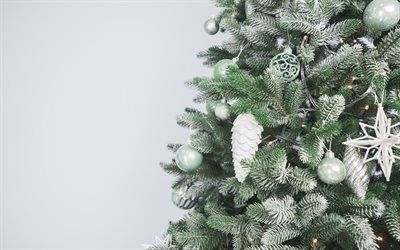 Christmas tree, silver Christmas balls, gray background, New Year, Christmas, decorative snow