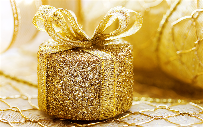 Golden gift box, 4k, Christmas, golden glittering, New Year, golden silk bow, golden background, Happy Christmas