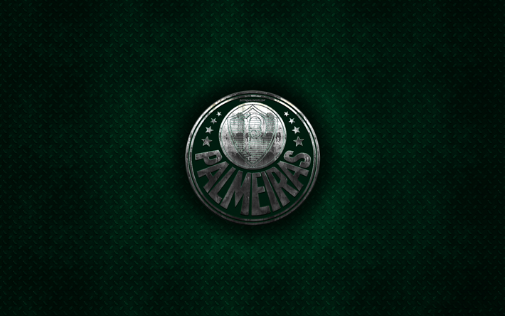 Sociedade Esportiva Palmeiras, 4k, arte creativo, de acero con el emblema de estilo grunge, metal, logotipo, Brasile&#241;o, club de f&#250;tbol de la Serie a, con el emblema de metal verde de fondo, Sao Paulo, Brasil, el f&#250;tbol, el Palmeiras