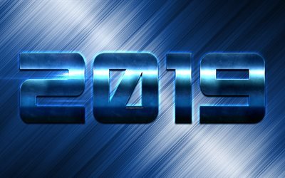 2019 year, blue metal numbers, creative art, blue metal background, 2019 concepts, New Year