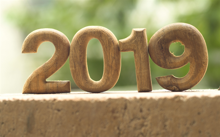 2019 o ano, figuras de madeira, Ano Novo, 2019 conceitos, Feliz Ano Novo, madeira