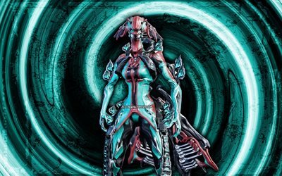 4k, Titania, turquoise grunge background, Warframe, RPG, Warframe characters, Titania Build, vortex, Warframe Builds, Titania Warframe