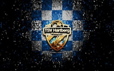 hartberg fc, glitzer-logo, österreichische bundesliga, blau-weiß karierter hintergrund, fußball, österreichischer fußballverein, tsv hartberg-logo, mosaikkunst, tsv hartberg, österreich