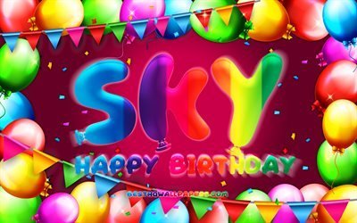 Joyeux anniversaire ciel, 4k, cadre de ballon color&#233;, nom du ciel, fond violet, joyeux anniversaire du ciel, anniversaire du ciel, noms f&#233;minins am&#233;ricains populaires, concept d&#39;anniversaire, ciel