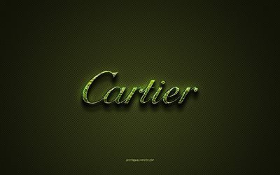 Cartier logosu, yeşil yaratıcı logo, &#231;i&#231;ek sanat logosu, Cartier amblemi, yeşil karbon fiber doku, Cartier, yaratıcı sanat