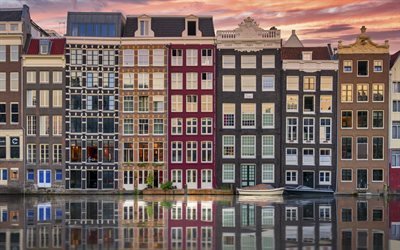 Amsterdam, canal, b&#226;timents, soir&#233;e, coucher de soleil, paysage urbain d&#39;Amsterdam, rues d&#39;Amsterdam, Pays-Bas