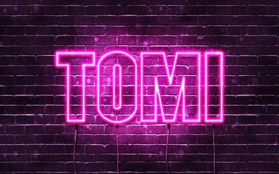 Happy Birthday Tomi, 4k, pink neon lights, Tomi name, creative, Tomi Happy Birthday, Tomi Birthday, popular japanese female names, picture with Tomi name, Tomi