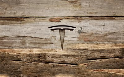 Tesla wooden logo, 4K, wooden backgrounds, cars brands, Tesla logo, creative, wood carving, Tesla