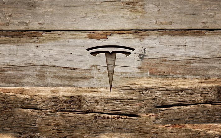 Tesla puinen logo, 4K, puiset taustat, automerkit, Tesla logo, luova, puunveisto, Tesla