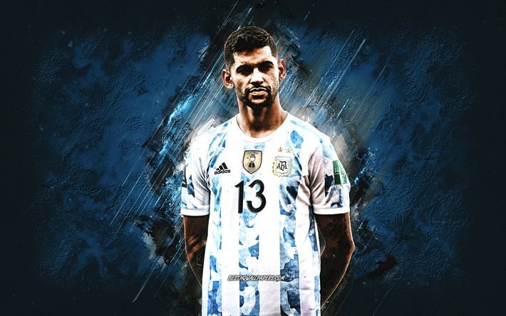 Cristian Romero, Argentina national football team, Argentine soccer player, portrait, Argentina, soccer, blue stone background