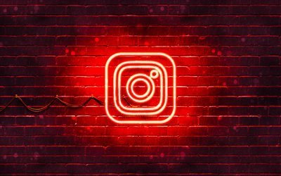 Instagramの赤いロゴ, 赤レンガの壁, 4k, Instagramの新しいロゴ, ソーシャルネットワーク, Instagramのネオンロゴ, Instagramのロゴ, Instagram