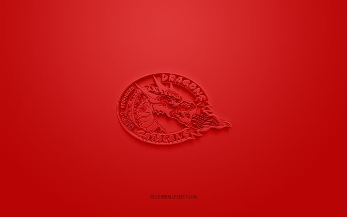 Catalans Dragons, logo 3D creativo, sfondo rosso, club di rugby francese, emblema 3d, Super League Europe, Perpignan, Francia, arte 3d, rugby, logo 3d dei Catalans Dragons