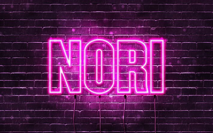 Feliz Anivers&#225;rio Nori, 4k, luzes de n&#233;on rosa, Nome Nori, criativo, Nori Feliz Anivers&#225;rio, Nori Anivers&#225;rio, nomes femininos japoneses populares, foto com o nome Nori, Nori