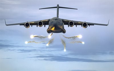 Boeing C-17 Globemaster III, heat targets, US military transport aircraft, US Air Force, Infrared countermeasure, IRCM, US military aircraft, C-17, USA, shoots off false heat targets