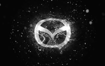 Mazda white logo, 4k, white neon lights, creative, black abstract background, Mazda logo, cars brands, Mazda