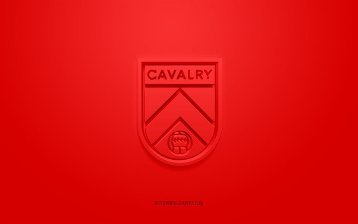 カヴァーリーFC, クリエイティブな3Dロゴ, 赤い背景, カナダプレミアリーグ, CPL, 3Dエンブレム, カナディアンサッカークラブ, カナダ, 3Dアート, サッカー, Cavalry FC3dロゴ