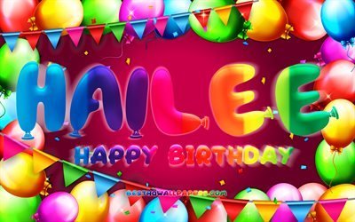 お誕生日おめでとうヘイリー, 4k, カラフルなバルーンフレーム, Haileeの名前, 紫の背景, ハイリーお誕生日おめでとう, ヘイリーの誕生日, 人気のアメリカ人女性の名前, 誕生日のコンセプト, Hailee