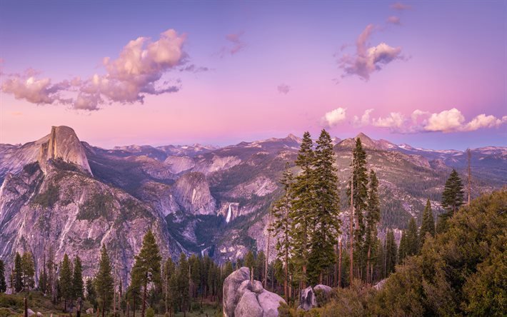 Glacier Point, kv&#228;ll, Yosemite Valley, solnedg&#229;ng, bergslandskap, klippor, bergsdal, Yosemite National Park, Kalifornien, USA