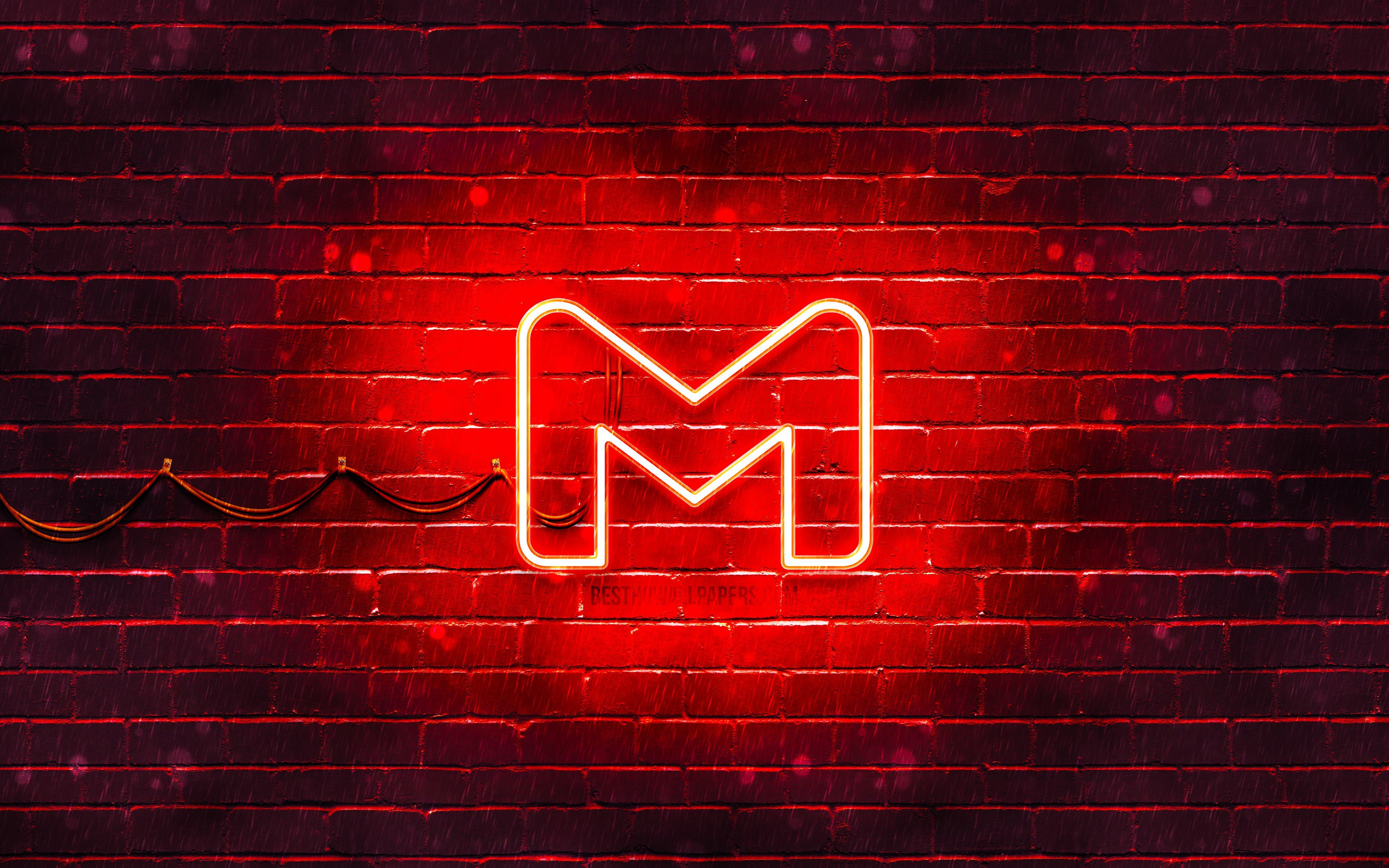 ダウンロード画像 Gmailの赤いロゴ 4k 赤レンガの壁 Gmailのロゴ 郵便サービス Gmailのネオンロゴ Gmail 画面の解像度 3840x2400 壁紙デスクトップ上