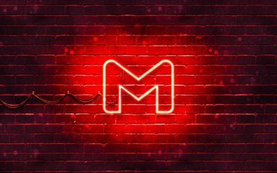 Logo rouge Gmail, 4k, mur de briques rouges, logo Gmail, services postaux, logo n&#233;on Gmail, Gmail