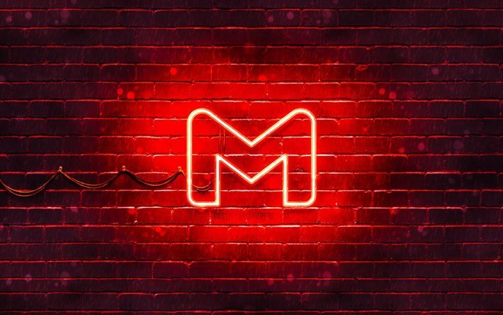 Logotipo vermelho do Gmail, 4k, parede de tijolos vermelhos, logotipo do Gmail, servi&#231;os postais, logotipo neon do Gmail, Gmail