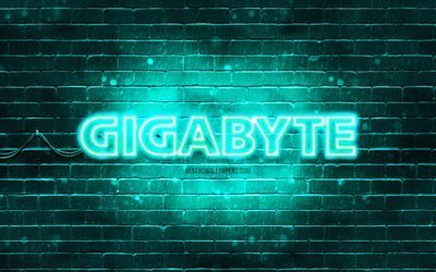 Gigabyte turkoosi logo, 4k, turkoosi tiilisein&#228;, Gigabyte logo, tuotemerkit, Gigabyte neon logo, Gigabyte