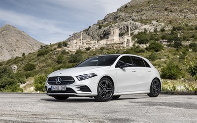 4k, Mercedes-Benz A180, 2021, exterior, front view, new white A-class, white hatchback, white A180, German cars, Mercedes-Benz