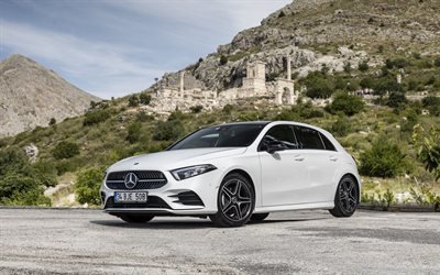 4k, Mercedes-Benz A180, 2021, dış cephe, &#246;nden g&#246;r&#252;n&#252;m, yeni beyaz A-sınıfı, beyaz hatchback, beyaz A180, Alman otomobil, Mercedes-Benz