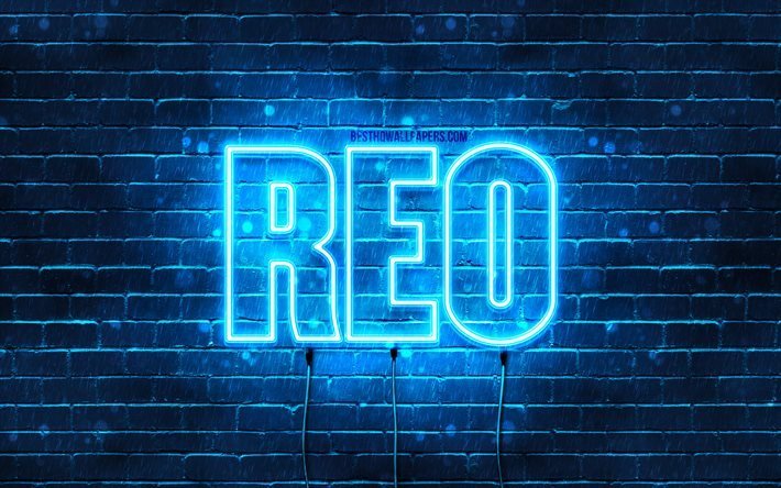 Joyeux anniversaire Reo, 4k, n&#233;ons bleus, nom Reo, cr&#233;atif, joyeux anniversaire Reo, anniversaire Reo, noms masculins japonais populaires, photo avec nom Reo, Reo
