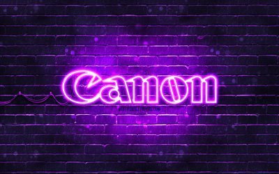 Canon menekşe logosu, 4k, mor tuğla duvar, Canon logosu, markalar, Canon neon logosu, Canon