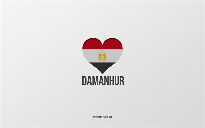 Damanhur&#39;u Seviyorum, Mısır şehirleri, Damanhur G&#252;n&#252;, gri arka plan, Damanhur, Mısır, Mısır bayrağı kalp, favori şehirler, Aşk Damanhur
