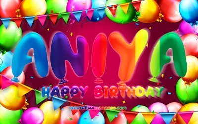 Buon compleanno Aniya, 4k, cornice di palloncini colorati, nome Aniya, sfondo viola, buon compleanno Aniya, compleanno Aniya, nomi femminili americani popolari, concetto di compleanno, Aniya