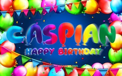Happy Birthday Caspian, 4k, colorful balloon frame, Caspian name, blue background, Caspian Happy Birthday, Caspian Birthday, popular american male names, Birthday concept, Caspian