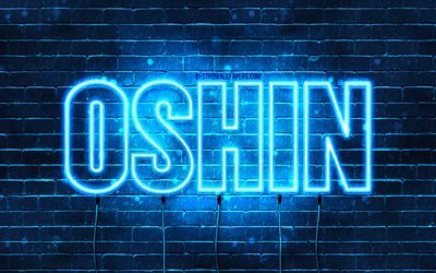 Happy Birthday Oshin, 4k, blue neon lights, Oshin name, creative, Oshin Happy Birthday, Oshin Birthday, popular japanese male names, picture with Oshin name, Oshin