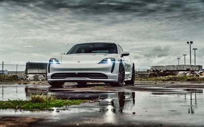2021, Porsche Taycan Turbo S, 4k, vista frontale, esterno, nuovo Taycan bianco, ruote nere, auto elettriche, auto tedesche, Porsche