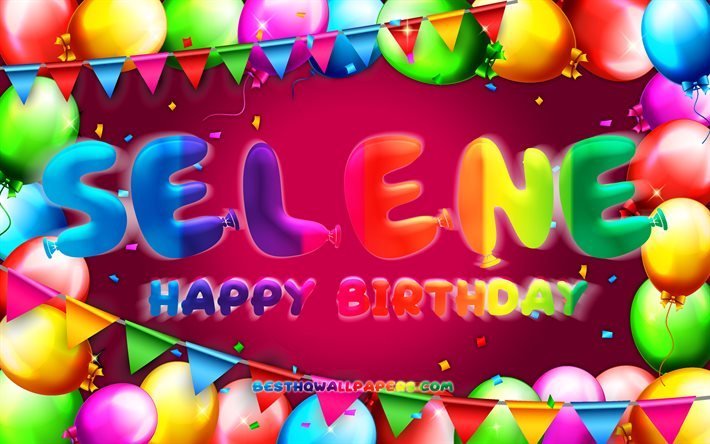 お誕生日おめでとうセリーン, 4k, カラフルなバルーンフレーム, セレーネ名, 紫の背景, セリーンお誕生日おめでとう, 穏やかな誕生日, 人気のアメリカ人女性の名前, 誕生日のコンセプト, セレーネー