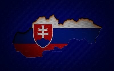 スロバキアの地図, 4k, ヨーロッパ諸国, スロバキアの旗, ブルーカーボンの背景, スロバキアの地図のシルエット, ヨーロッパ, スロバキア