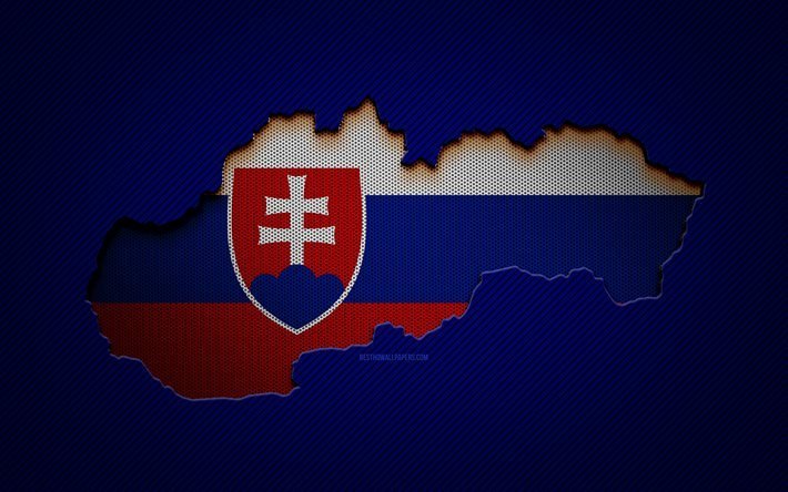 Carte de la Slovaquie, 4k, pays europ&#233;ens, drapeau slovaque, fond bleu carbone, silhouette de la carte de la Slovaquie, drapeau de la Slovaquie, Europe, carte slovaque, Slovaquie