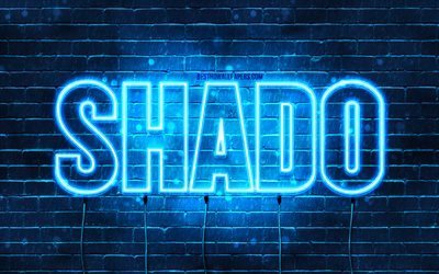 Happy Birthday Shado, 4k, blue neon lights, Shado name, creative, Shado Happy Birthday, Shado Birthday, popular japanese male names, picture with Shado name, Shado