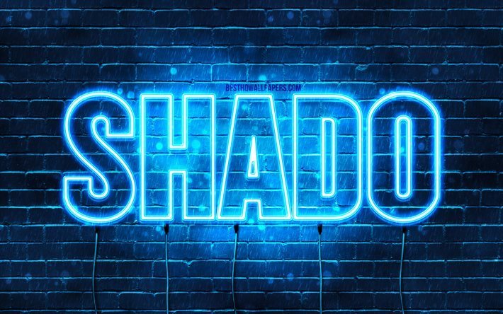 Joyeux anniversaire Shado, 4k, n&#233;ons bleus, nom Shado, cr&#233;atif, joyeux anniversaire Shado, anniversaire Shado, noms masculins japonais populaires, photo avec nom Shado, Shado