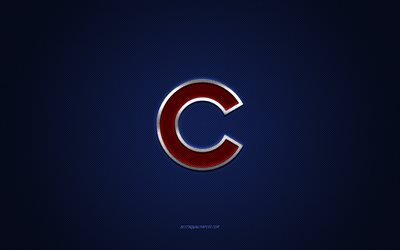 Chicago Cubs emblem, American baseball club, red logo, blue carbon fiber background, MLB, Chicago Cubs Insignia, baseball, Chicago, USA, Chicago Cubs