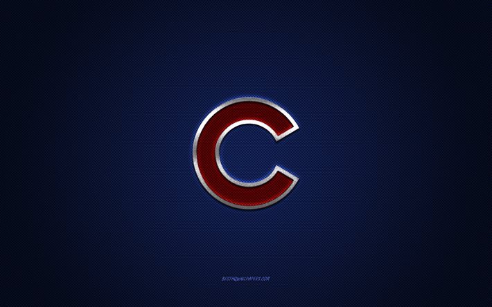 Chicago Cubs amblemi, Amerikan beyzbol kul&#252;b&#252;, kırmızı logo, mavi karbon fiber arka plan, HABERLER, Chicago Cubs Insignia, beyzbol, Chicago, ABD, Chicago Cubs