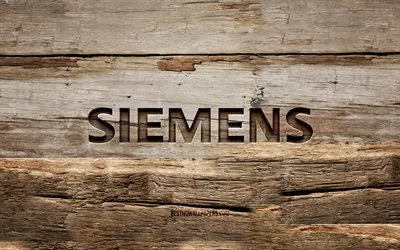 Siemens wooden logo, 4K, wooden backgrounds, brands, Siemens logo, creative, wood carving, Siemens