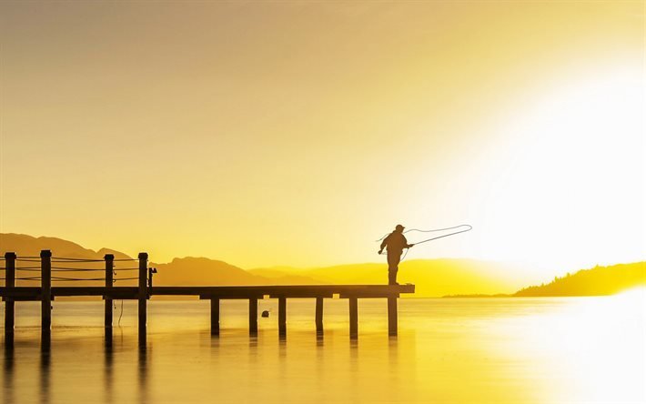 pesca, manhã, nascer do sol, pescador na ponte, conceitos de pesca, plano de fundo com pescador