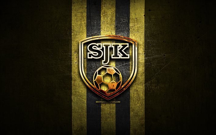 SJK FC, logo dor&#233;, Veikkausliiga, fond en m&#233;tal marron, football, club de football finlandais, logo SJK FC, SJK Seinajoki, Seinajoen Jalkapallokerho