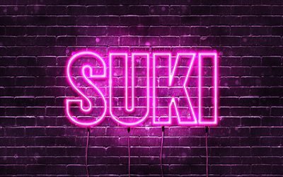 Happy Birthday Suki, 4k, pink neon lights, Suki name, creative, Suki Happy Birthday, Suki Birthday, popular japanese female names, picture with Suki name, Suki