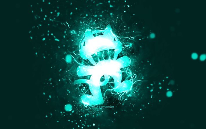 Monstercat turquoise logo, 4k, canadian DJs, turquoise neon lights, creative, turquoise abstract background, Monstercat logo, music stars, Monstercat